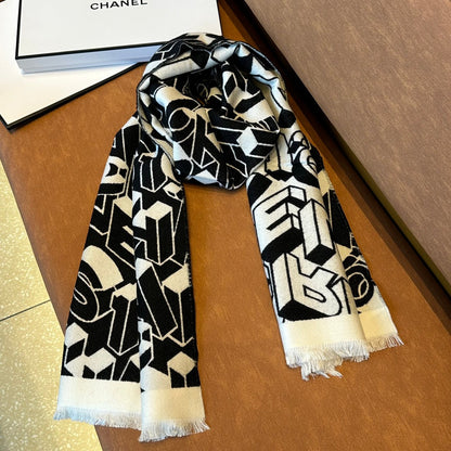 LETTER LOGO 178 CM SCARF IN BLACK MIX WHITE SHEEP WOOL AND SILK  393103