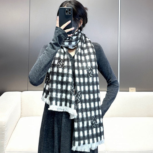 SCARF 190 CM IN BLACK MIX WHITE CARO CASHMERE AND WOOL 390944