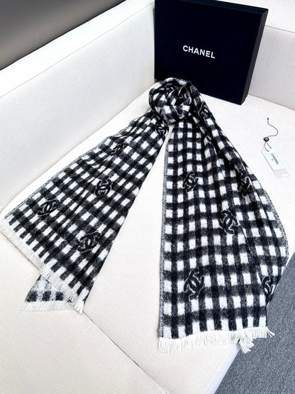 SCARF 190 CM IN BLACK MIX WHITE CARO CASHMERE AND WOOL 390944